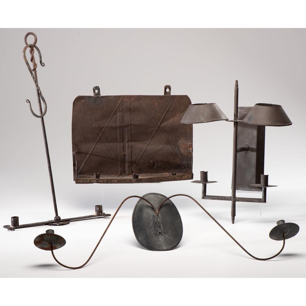 Four Tin and Wrought Iron Candle Sconces: Four Tin and Wrought Iron Candle Sconces 19th Century Height of largest 24 inches. Provenance: Property from the Collection of Judith & Gary Gay, Morrow, Ohio