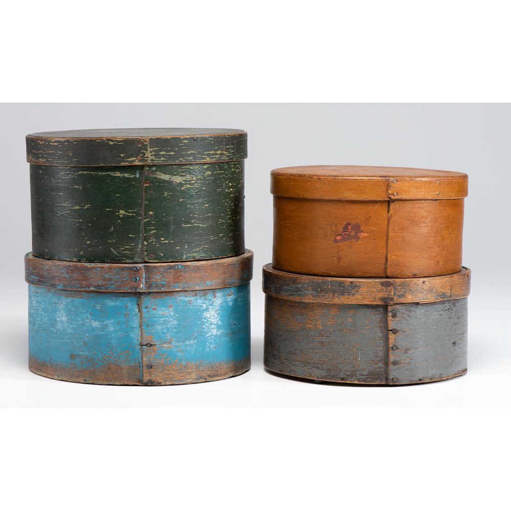 Four Round Painted Bentwood Pantry Boxes: Four Round Painted Bentwood Pantry Boxes 19th/20th Century Height of largest 5 1/4 x diameter 10 1/2 inches. Provenance: Property from the Collection of Judith & Gary Gay, Morrow, Ohio