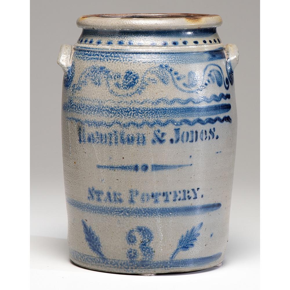 A Hamilton and Jones Cobalt-Decorated Three-Gallon: A Hamilton and Jones Cobalt-Decorated Three-Gallon Crock 19th Century Height 14 x width 10 inches. Provenance: Property from the Collection of Judith & Gary Gay, Morrow, Ohio