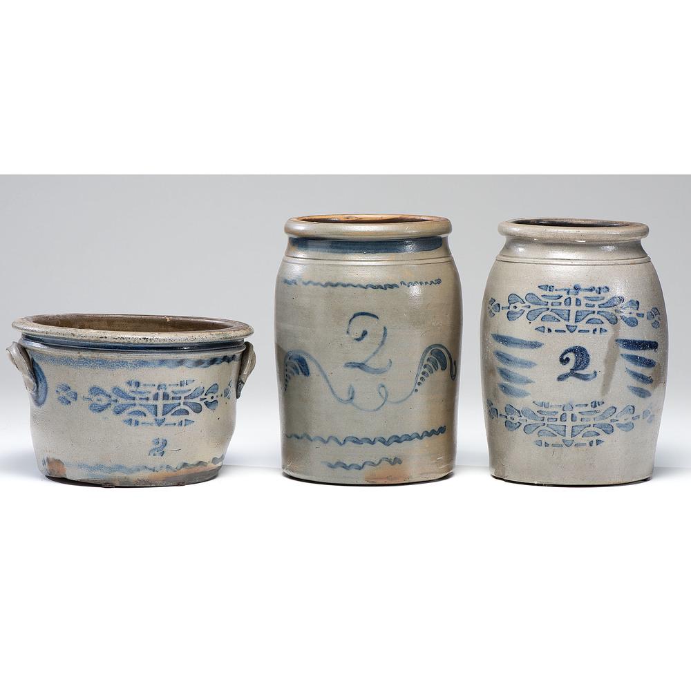 Three Cobalt-Decorated Two-Gallon Crocks: Three Cobalt-Decorated Two-Gallon Crocks 19th Century Height of largest 12 x width 8 inches. Provenance: Property from the Collection of Judith & Gary Gay, Morrow, Ohio