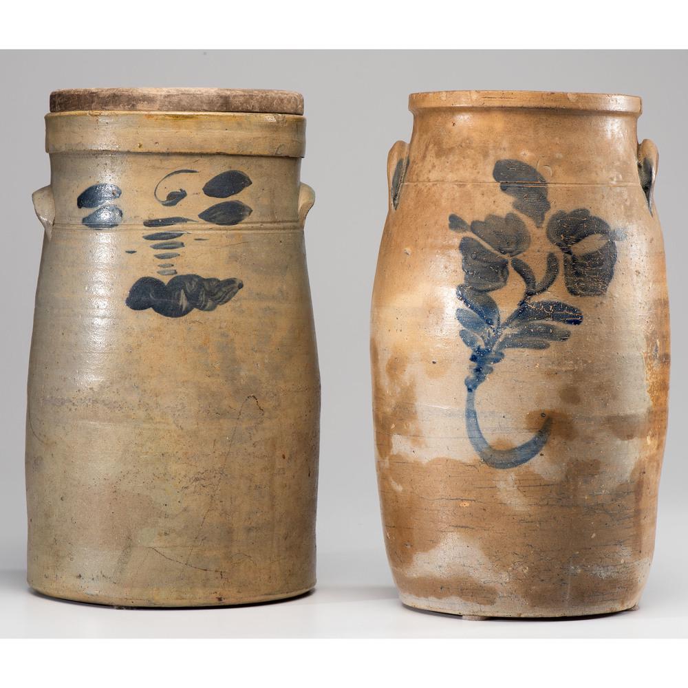 Two Cobalt-Decorated Six-Gallon Crocks: Two Cobalt-Decorated Six-Gallon Crocks 19th Century Height of larger 19 inches. Provenance: Property from the Collection of Judith & Gary Gay, Morrow, Ohio