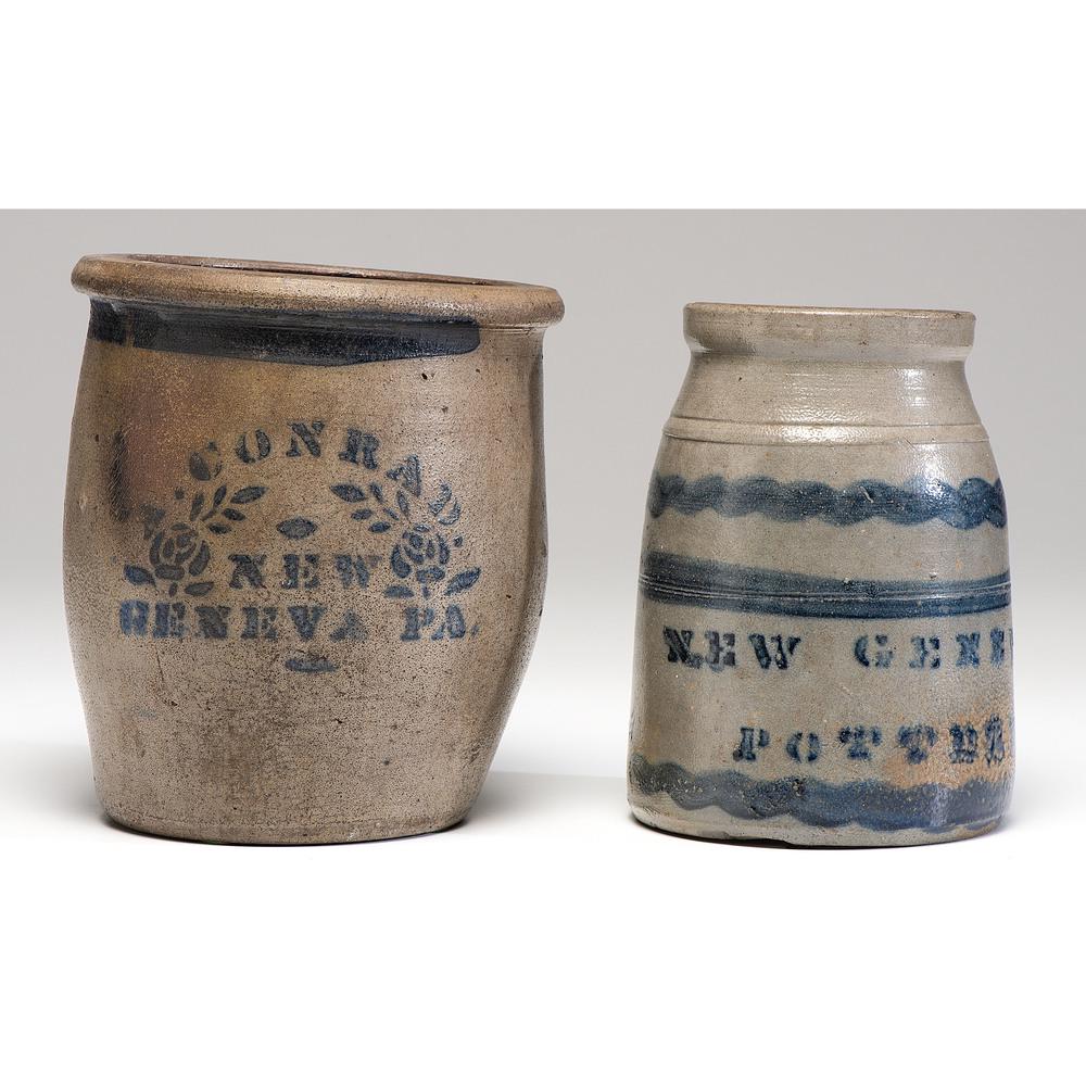 Two New Geneva Cobalt-Decorated Stoneware Crocks: Two New Geneva Cobalt-Decorated Stoneware Crocks 19th Century Height of larger 8 1/2 x width 8 inches. Provenance: Property from the Collection of Judith & Gary Gay, Morrow, Ohio