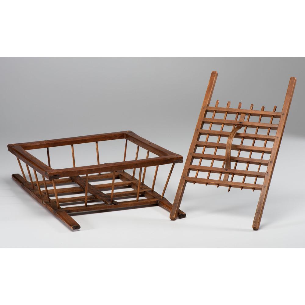 A Shaker Wooden Candle Drying Rack and Clothes Carrier: A Shaker Wooden Candle Drying Rack and Clothes Carrier Late 19th/Early 20th Century Height of rack 20 1/2 x width 11 inches. Height of carrier 6 1/4 x 17 1/2 width x depth 26 inches.