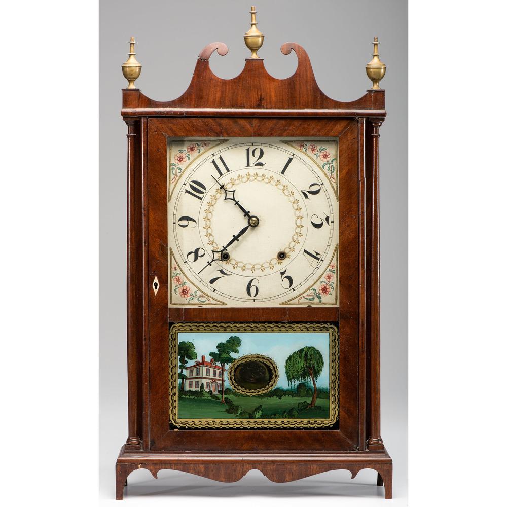 An Eli Terry & Sons Pillar and Scroll Mantel Clock: An Eli Terry & Sons Pillar and Scroll Mantel Clock 18th Century Height 28 1/2 x width 17 1/4 x depth 4 1/2 inches. Provenance: Property from the Collection of Judith & Gary Gay, Morrow, Ohio