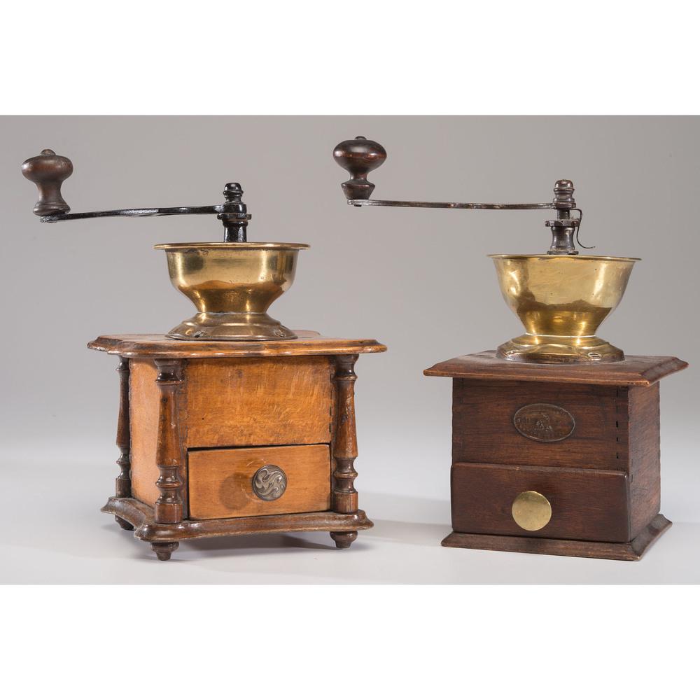 Two Wood and Brass Coffee Grinders: Two Wood and Brass Coffee Grinders 19th Century one with a French label. Height of larger 10 1/2 inches.