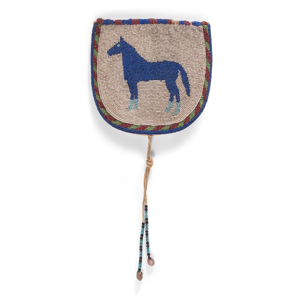 Plateau Pictorial Belt Pouch, with Standing Horse: Plateau Pictorial Belt Pouch, with Standing Horse thread-sewn with a harness leather backing, moose hide pouch and canvas closing flap; designed with a standing horse, length 6.75 in. x width 7 in. c