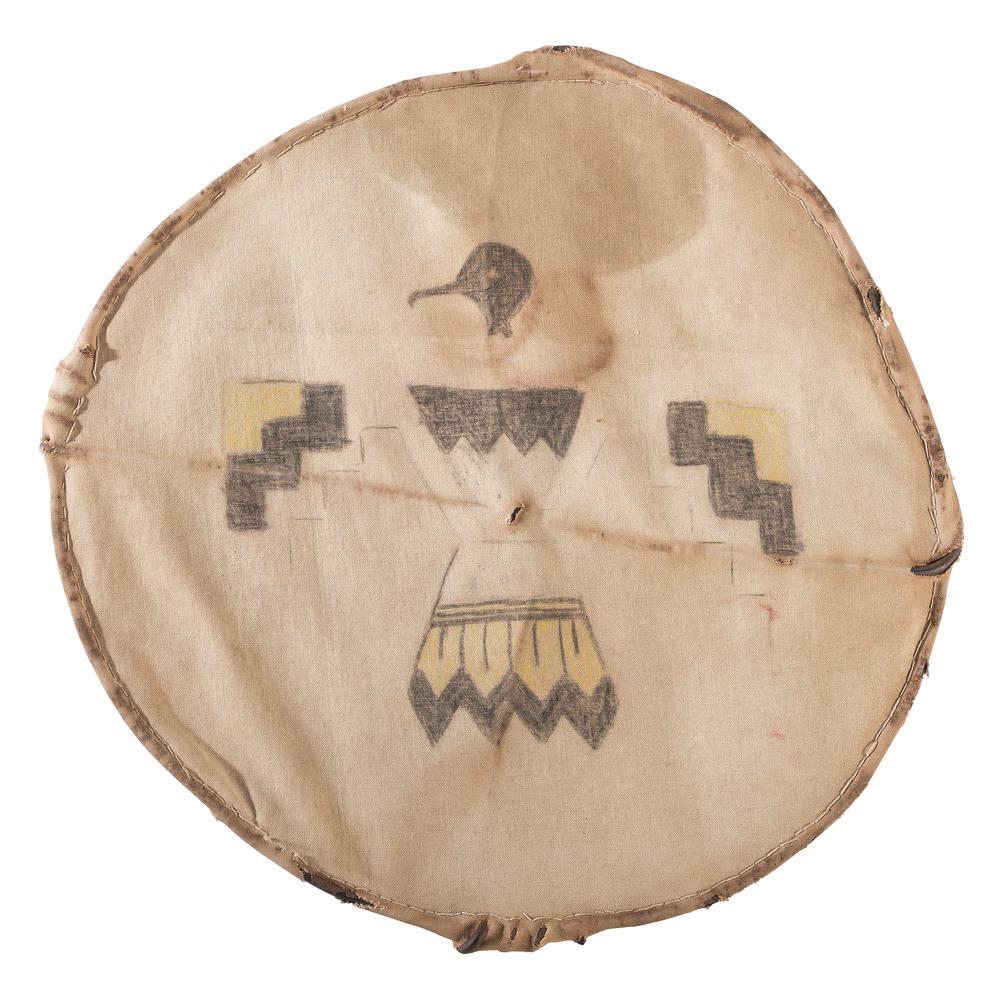 Pueblo Painted Muslin Dance Shield: Pueblo Painted Muslin Dance Shield constructed using a thick wire frame and painted with a Thunderbird, diameter 17.25 in. early 20th century