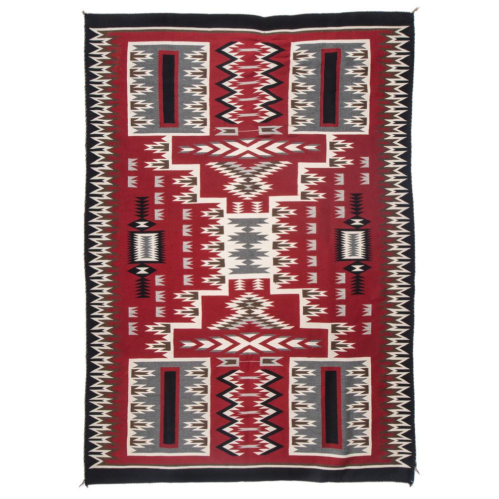 Lena Nez (Dine, 20th century) Navajo Storm Pattern: Lena Nez (Dine, 20th century) Navajo Storm Pattern Weaving / Rug woven using colors of red , black, cream, and gray; with a bold and serrated storm pattern in the center field, 89.25 x 64 in. 1999 A c
