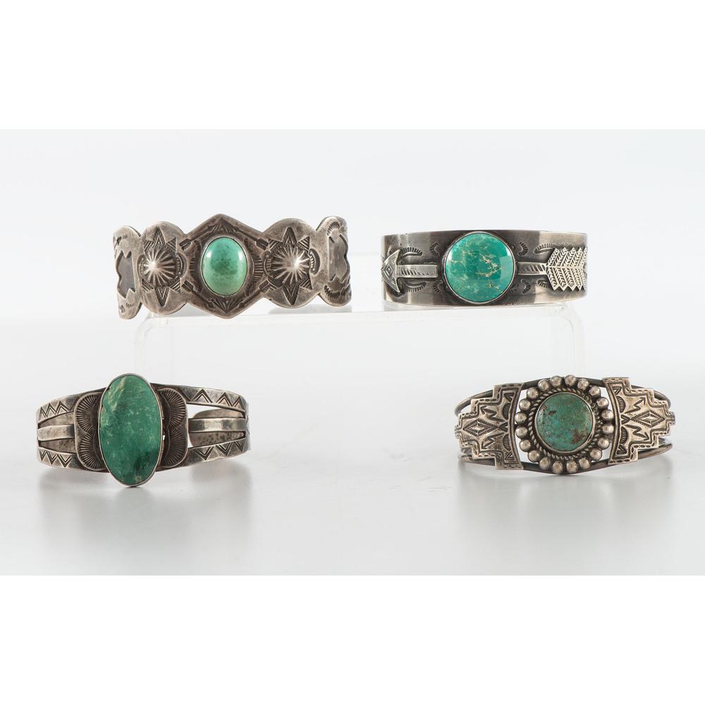 Navajo Stamped Silver and Turquoise Cuff Bracelets (1 of 4)