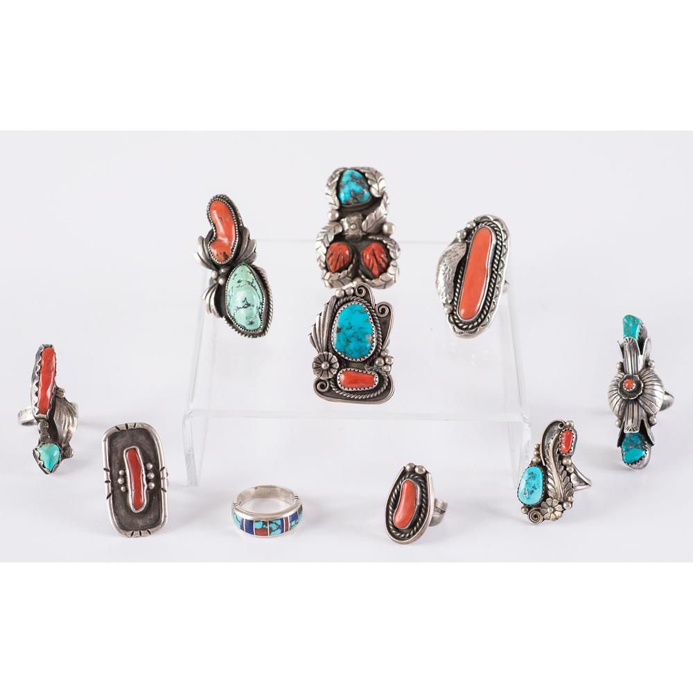 Navajo Silver, Coral, and Turquoise Rings (1 of 2)