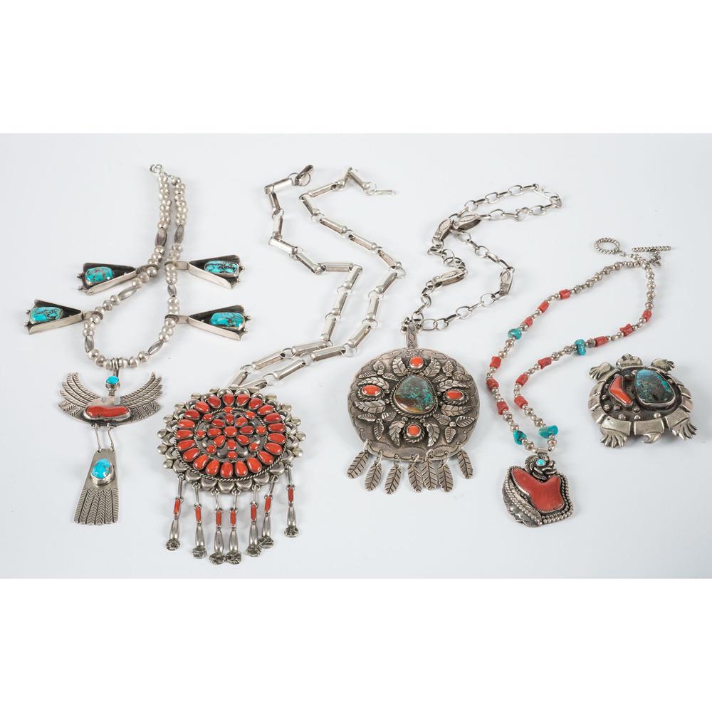 Navajo Silver, Coral, and Turquoise Necklaces AND Pin (1 of 2)