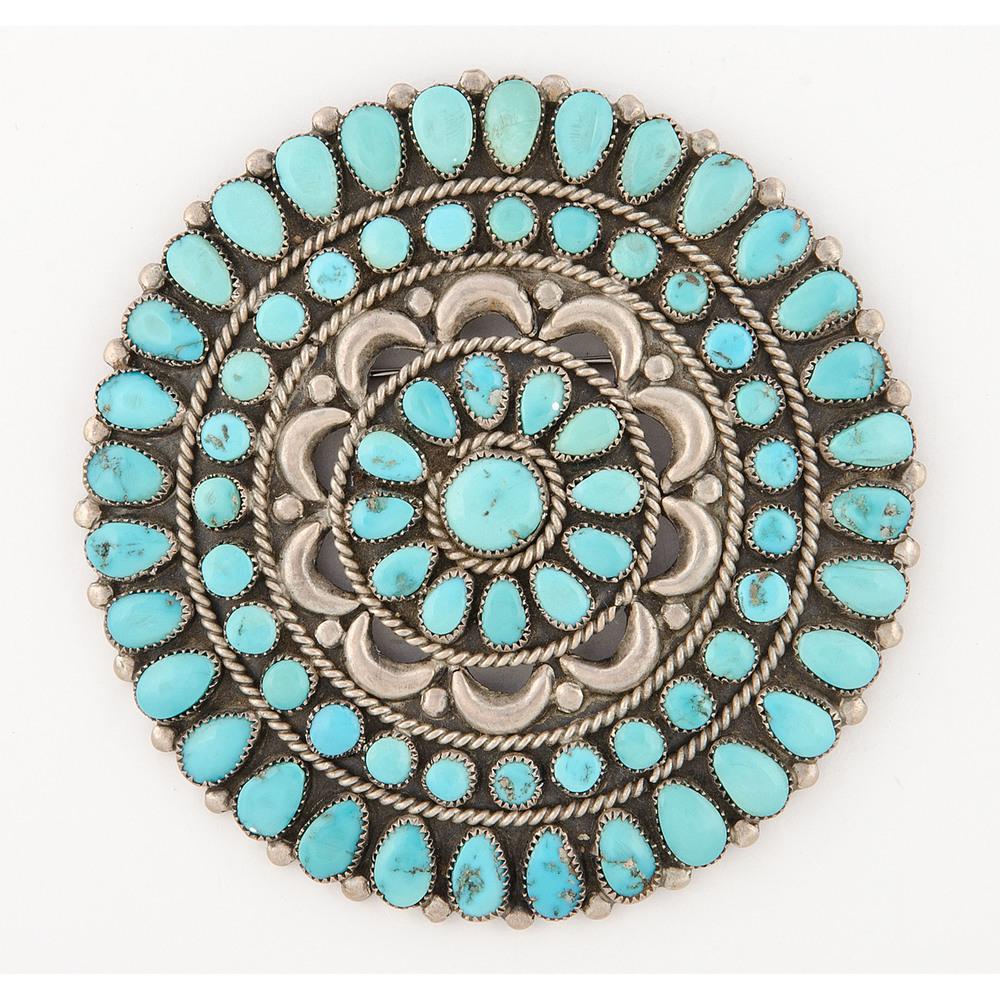 Victor Moses Begay (Dine, 20th century) Silver and: Victor Moses Begay (Dine, 20th century) Silver and Petit Point Turquoise Brooch / Pin marked VMB on reverse, diameter 3 in., weight 29.2 dwt. third quarter 20th centuryÂ