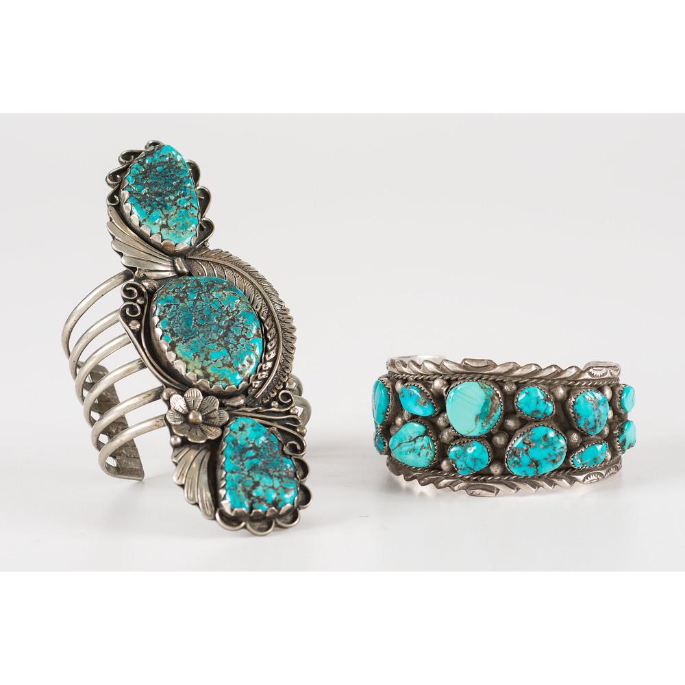 Navajo Silver and Turquoise Cuff Bracelets: lot of 2, includes silver wire cuff set with three turquoise nuggets; silver floral applique; marked LY, cuff width 5.5 in., interior circumference 5.75 in. x gap length 1.25 in., weight 89.3 dwt.;