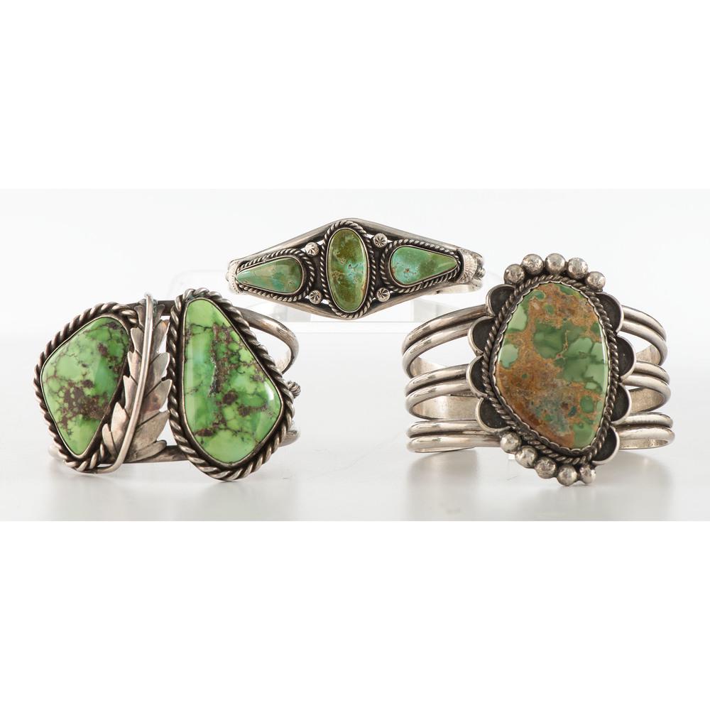 Navajo Silver and Turquoise Cuff Bracelets: lot of 3, includes a silver wire cuff, set with a turquoise cabochon and accented with scalloped edges and silver beads; marked W Sterling, cuff width 2.25 in., interior circumference 5.25 in. x gap l