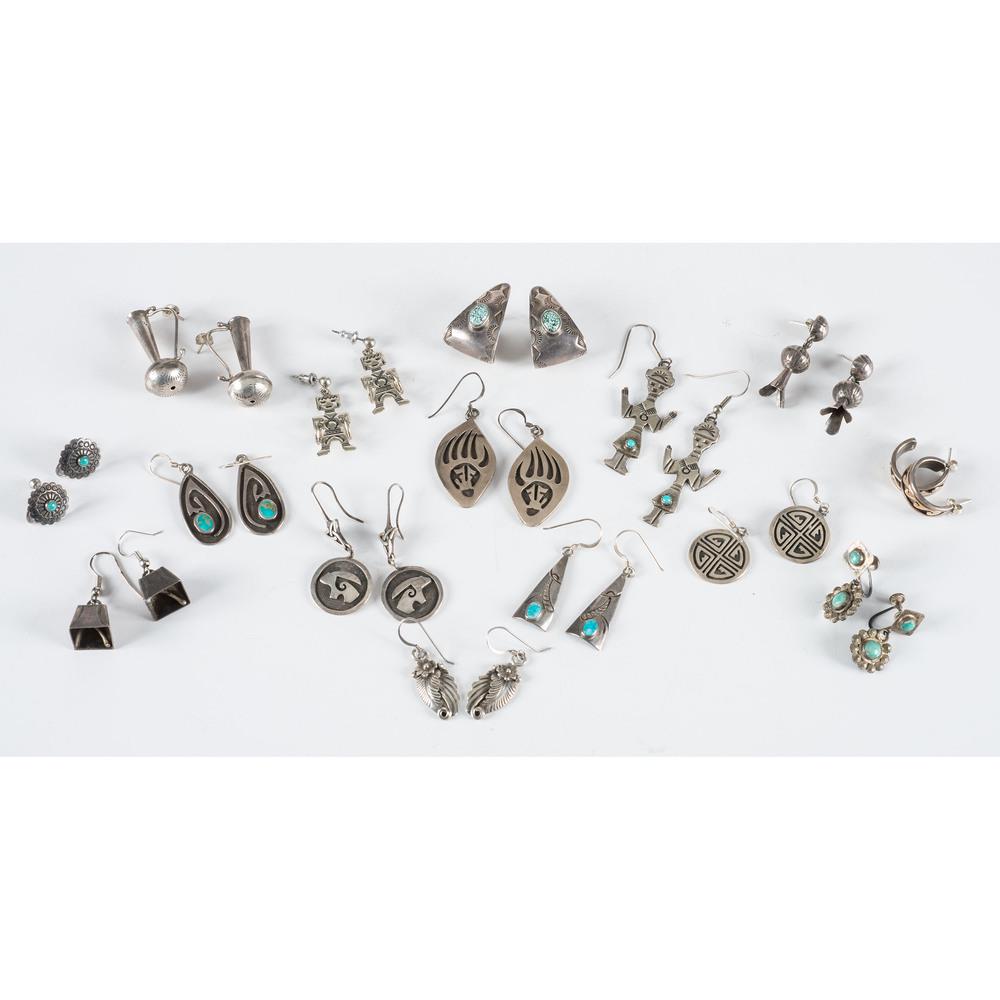 Navajo & Hopi Silver Post, Hook, & Screwback Earrings: Navajo and Hopi Silver Post, Hook, and Screwback Earrings lot of 15, includes and assortment of silver earrings, some inlaid with turquoise, and one with gold overlay; sizes range from largest: length