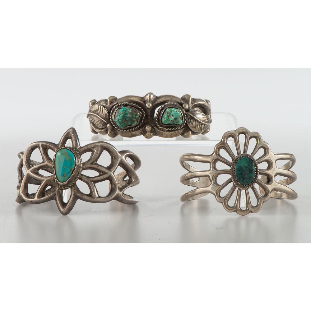 Navajo Sand Cast Silver and Turquoise Cuff Bracelets (1 of 4)