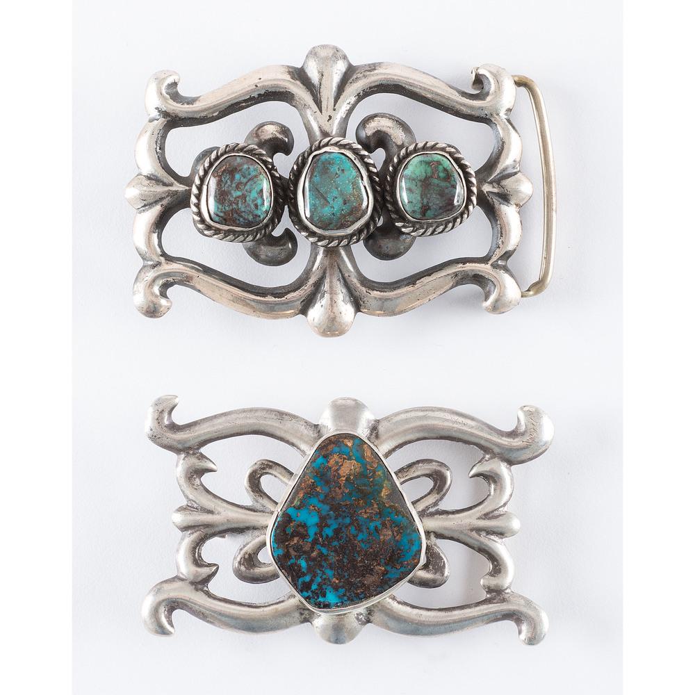 Navajo Sandcast Silver and Turquoise Belt Buckles (1 of 2)