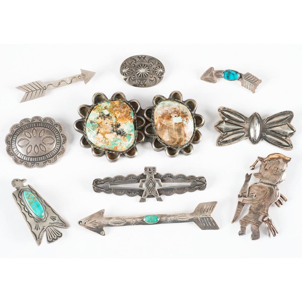 Collection of Navajo Silver and Turquoise Pins / (1 of 2)