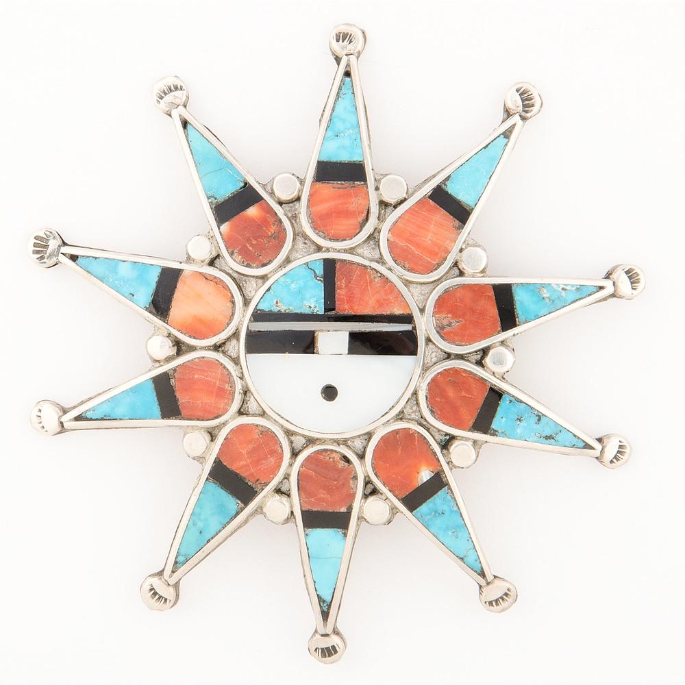 Zuni Silver and Mosaic Inlay Sunface Pin / Brooch (1 of 2)