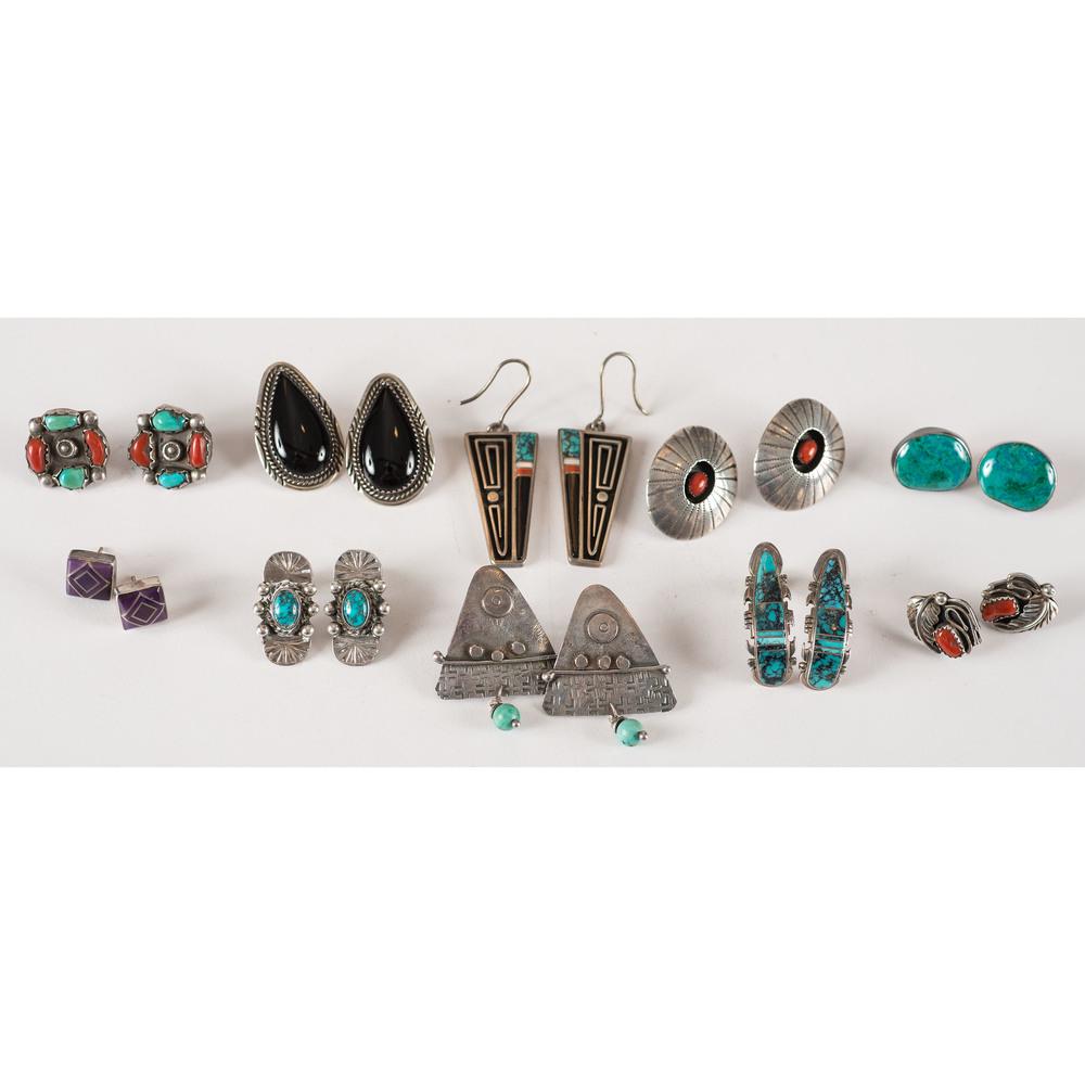 Navajo Silver, Turquoise & Coral Post & Hook Earrings (1 of 2)