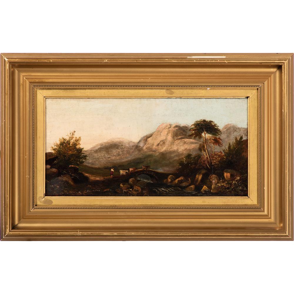 British School, Landscape with Cows: British School, Landscape with Cows 19th century oil on canvas unsigned 7 5/8 x 15 3/4 inches (sight).