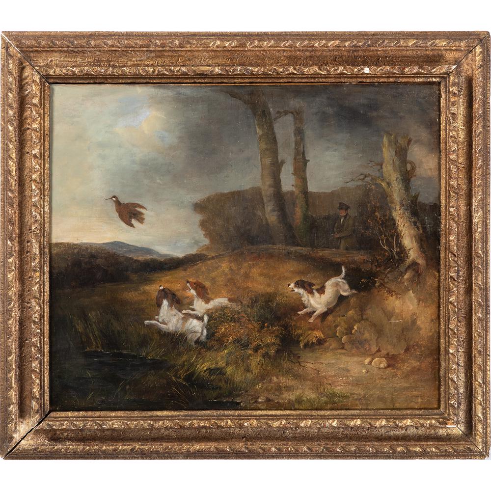 British School, Sporting Scene: British School, Sporting Scene Hunting Scene with Quail, Spaniels and Hunter Late 19th/Early 20th Century oil on canvas unsigned 19 x 22 3/4 inches (sight).
