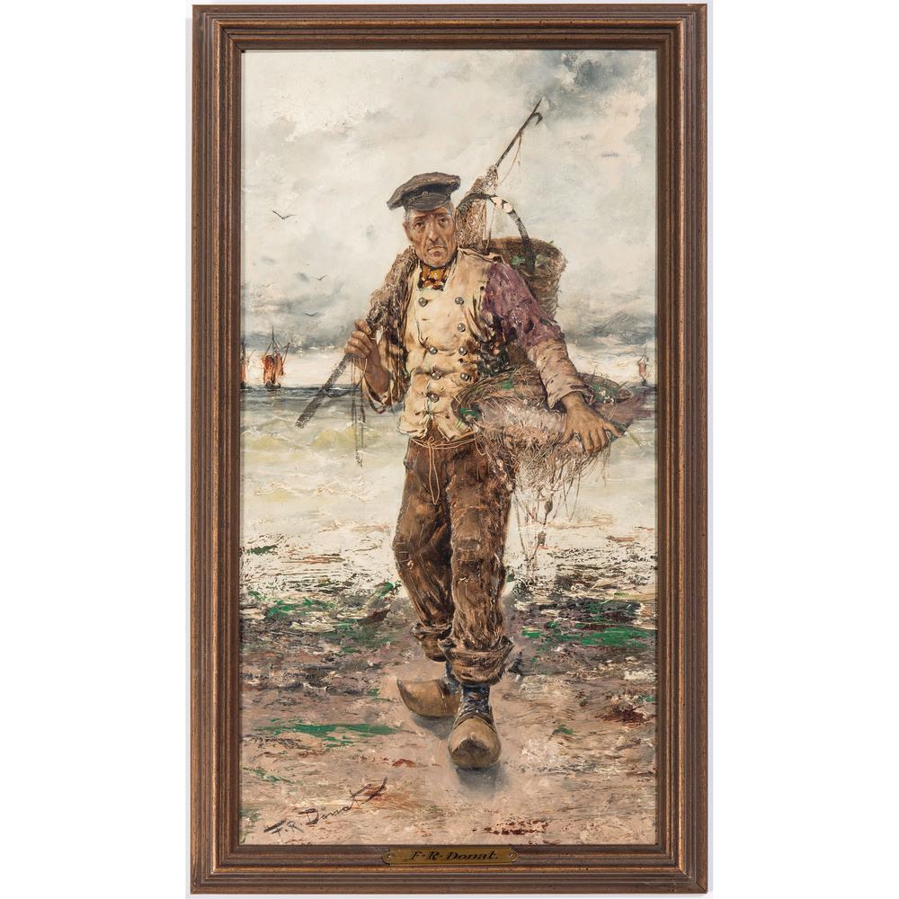Frederick Reginald Donat (Belgian, 1830-1907): Frederick Reginald Donat (Belgian, 1830-1907) The Old Fisher oil on wood panel signed F. R. Donat lower left titled on label on reverse 17 1/2 x 9 1/4 inches (sight).