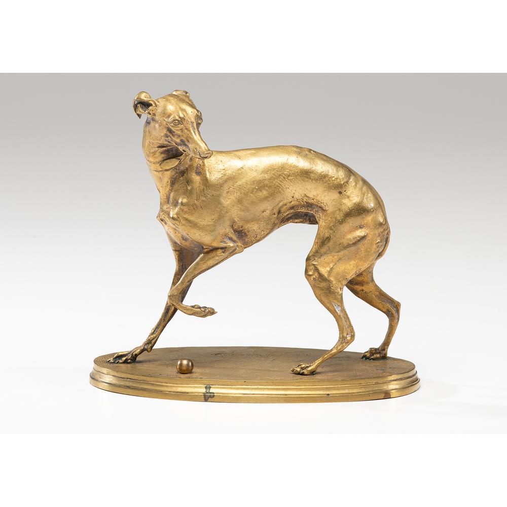 After Pierre Jules Mene (French, 1810-1879): After Pierre Jules Mene (French, 1810-1879) Whippet brass signed P. J. MENE at base. Height 6 x width 6 1/2 x depth 3 3/4 inches.
