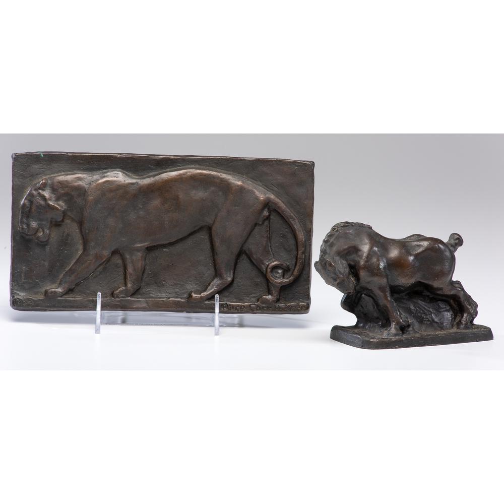 Alice Carr De Creeft (American, 1899-1996): Alice Carr De Creeft (American, 1899-1996) Plaque with Panther and Horse bronze each signed, one dated 1919 and inscribed N.Y.C. plaque 4 3/4 x 9 1/4 inches; horse height 4 x width 5 3/4 x dept