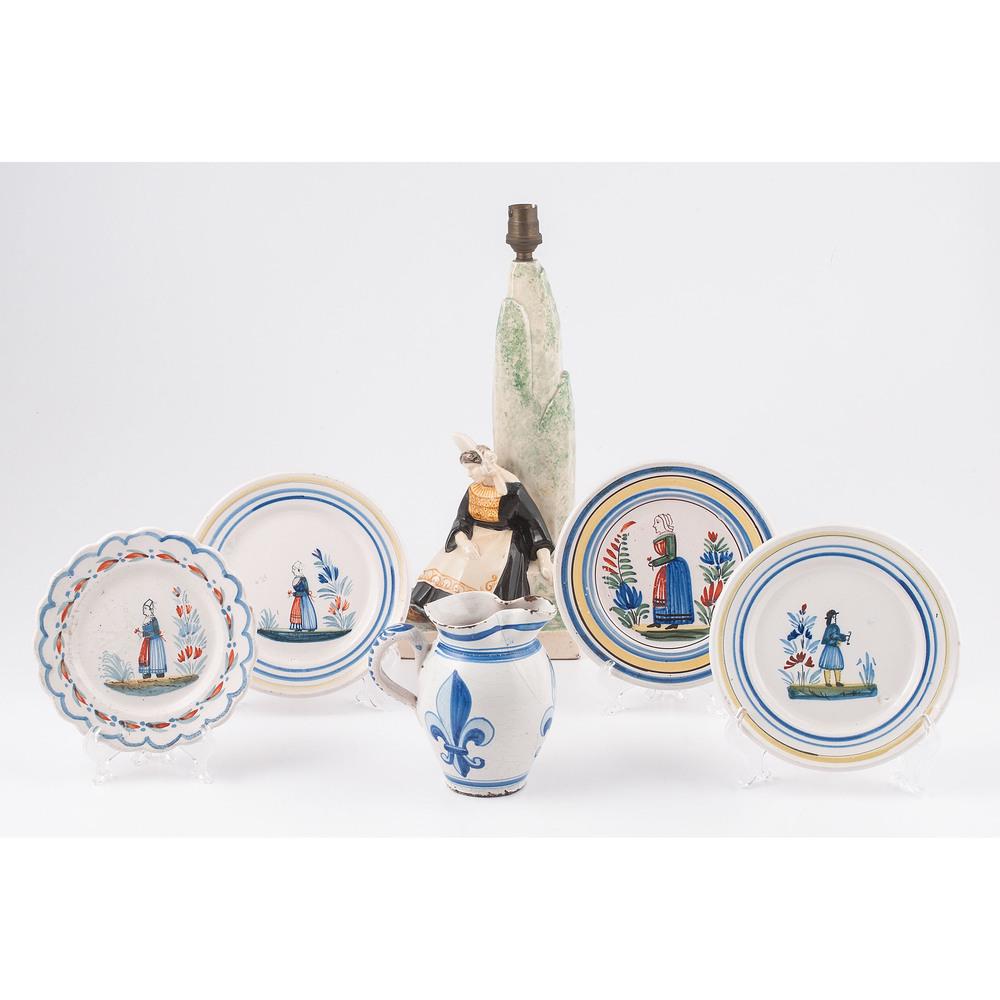Quimper Tablewares, Plus: Quimper Tablewares, Plus French, 20th Century includes four plates, one pitcher and one lamp base, each marked on underside. Height of lamp 14 1/2 x width 6 x depth 4 1/2 inches.