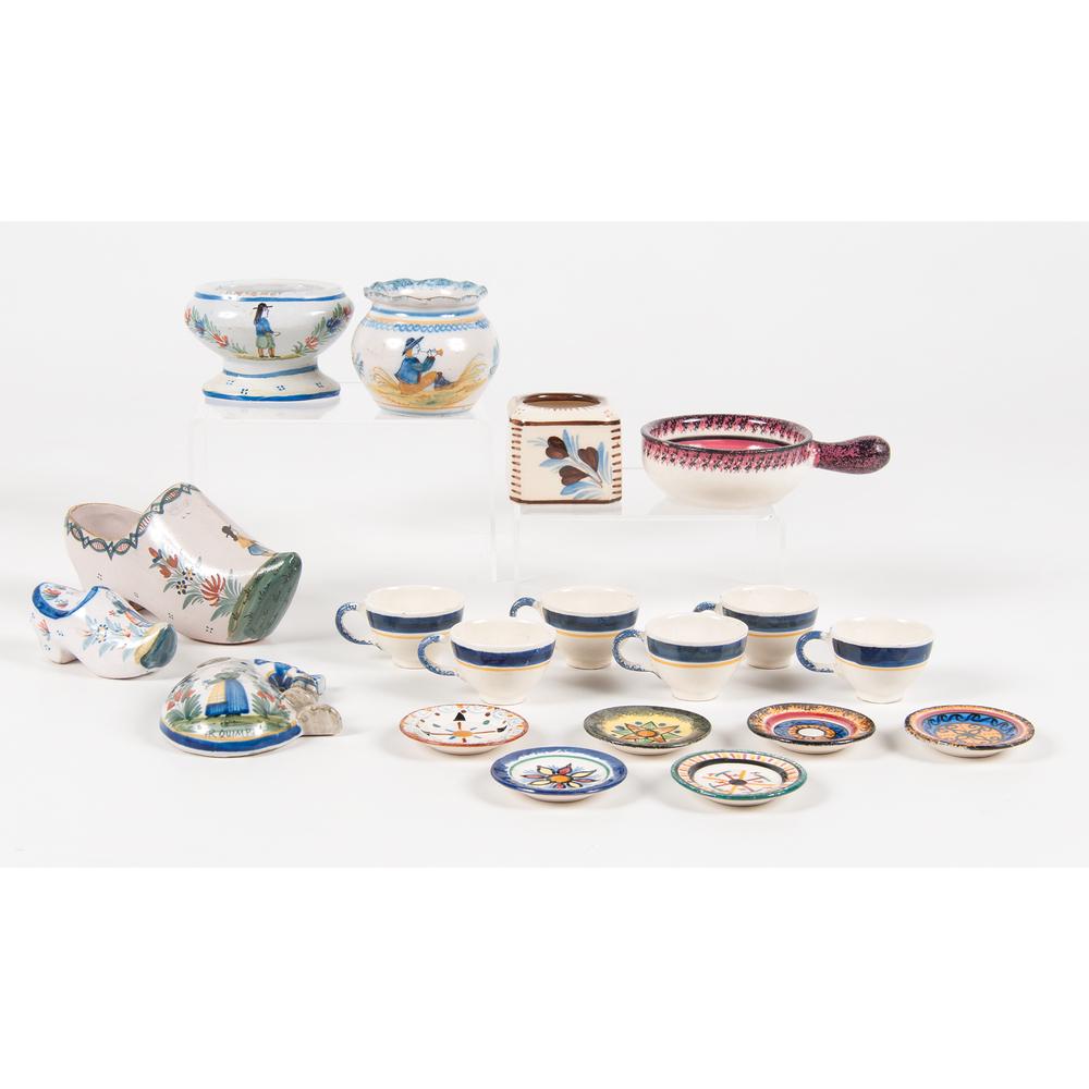 Quimper Miniature Tablewares and Accessories: Quimper Miniature Tablewares and Accessories French, 20th Century nineteen pieces including two clog-style shoes, one squat vase, one bowl with flared rim, one square box, one porringer, one wall pock