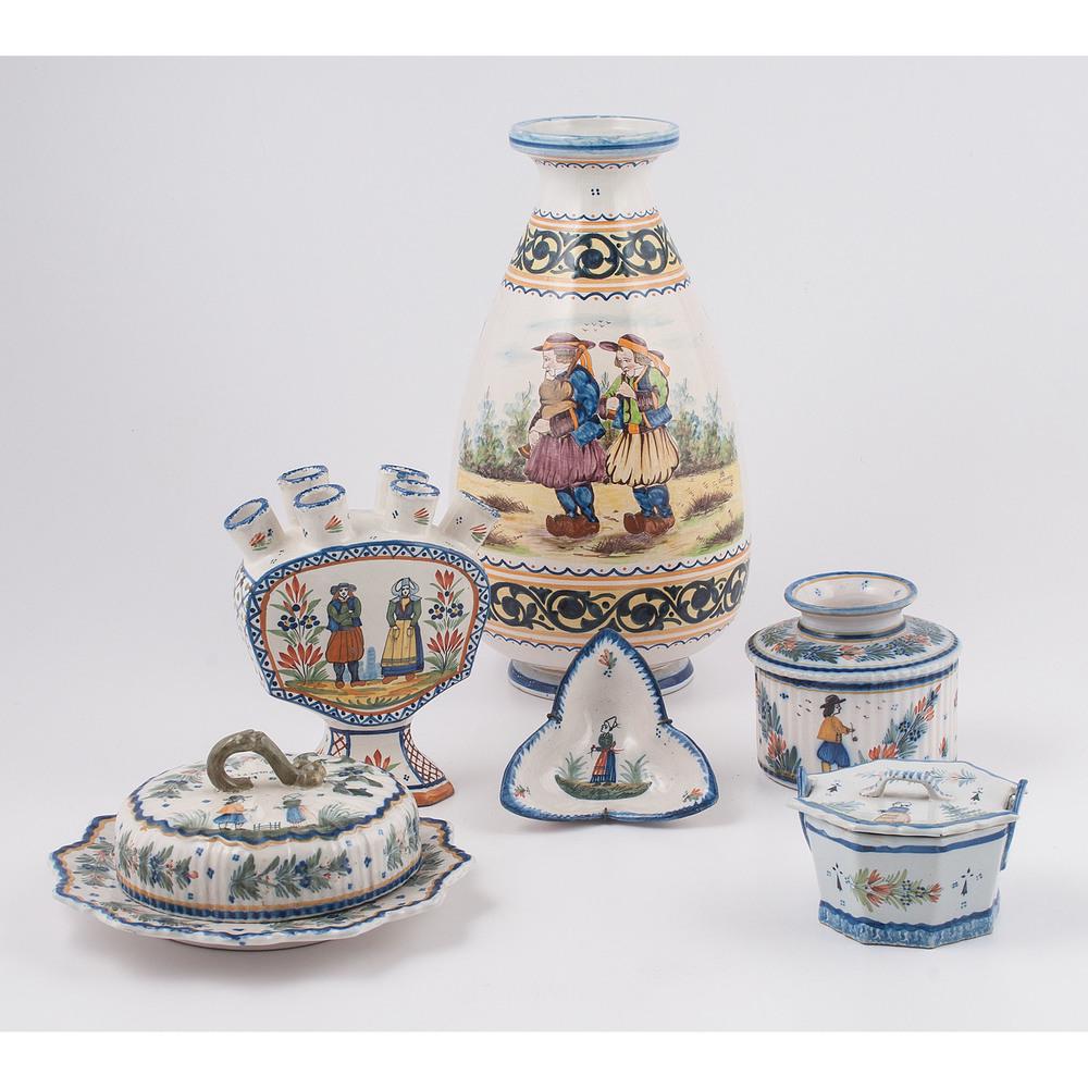 Quimper Tablewares and Vases: Quimper Tablewares and Vases French, Late 19th/Early 20th Century six pieces including one vase, one six-light candlestand, one three-cornered dish, one butter keeper, one covered dish, and one covere