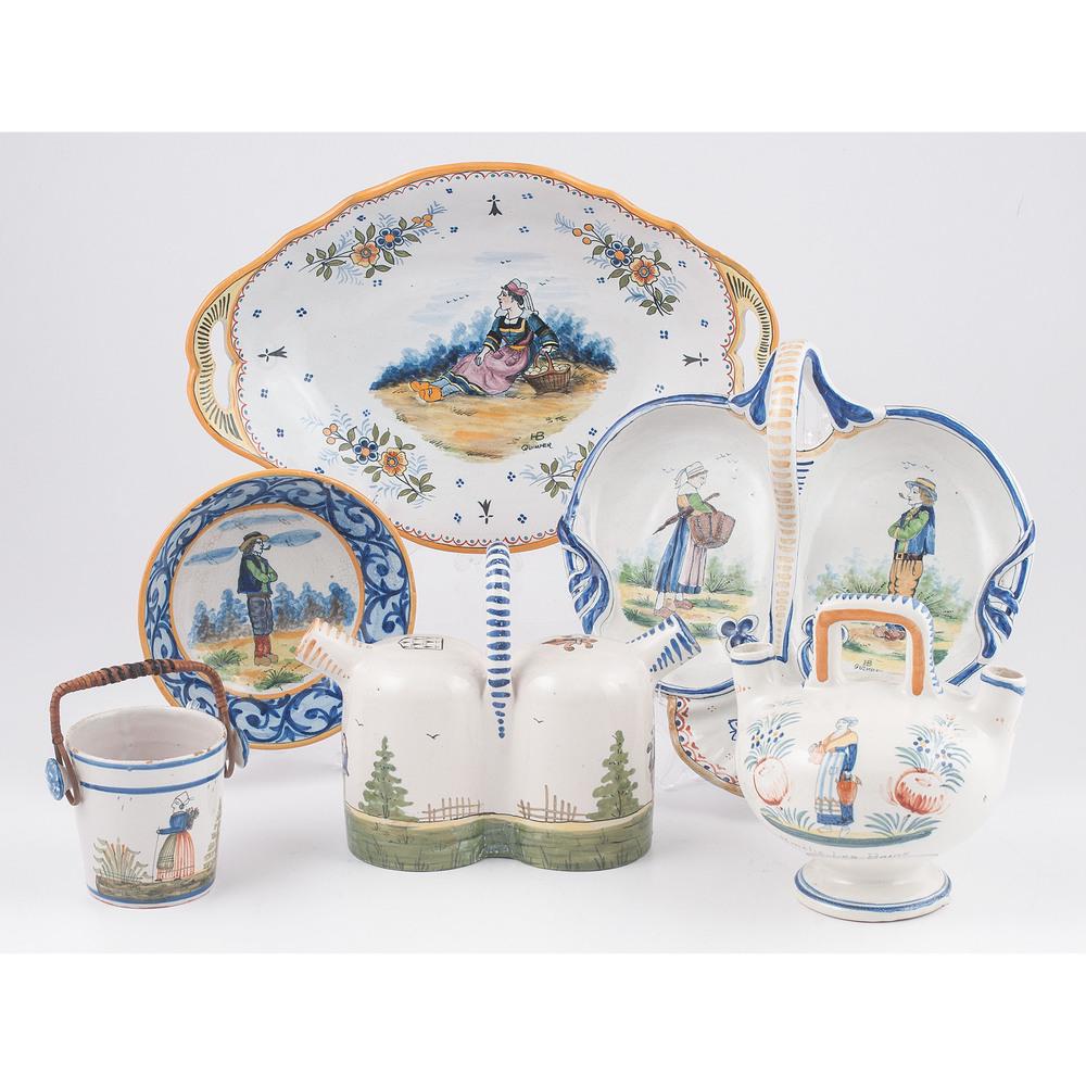 Quimper Assorted Tablewares: Quimper Assorted Tablewares France, 20th Century six pieces total, including a footed platter, a three-compartment shell dish, a mustard cup, a two-compartment double spouted pot, a double spoute