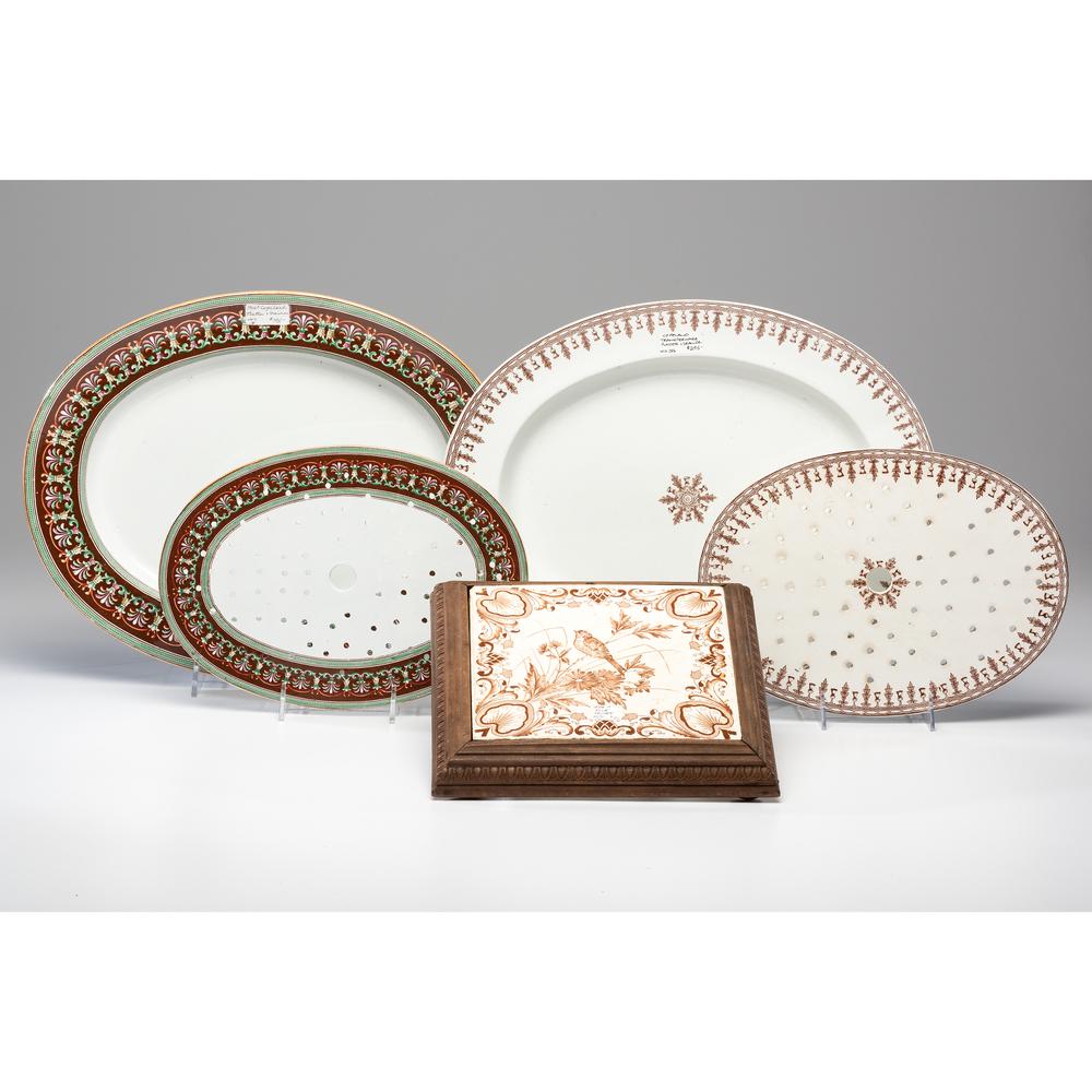 Two Copeland Platters with Strainers: Two Copeland Platters with Strainers English, 19th Century both marked on underside. together with a framed tile trivet. Length of each 17 x width 13 1/2 inches.