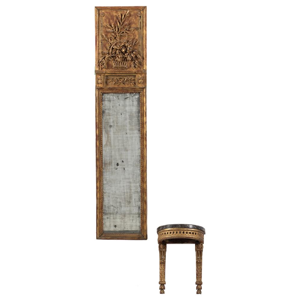 A Carved Giltwood Pier Mirror on Marble-Top Stand: A Carved Giltwood Pier Mirror on Marble-Top Stand American, 19th Century Total height 83 x width 15 x depth 11 inches.