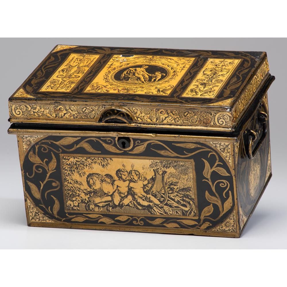 A Toleware Dresser Box with Classical Scenes: A Toleware Dresser Box with Classical Scenes English, 19th Century Height 7 1/2 x width 12 1/2 x depth 8 1/2 inches.