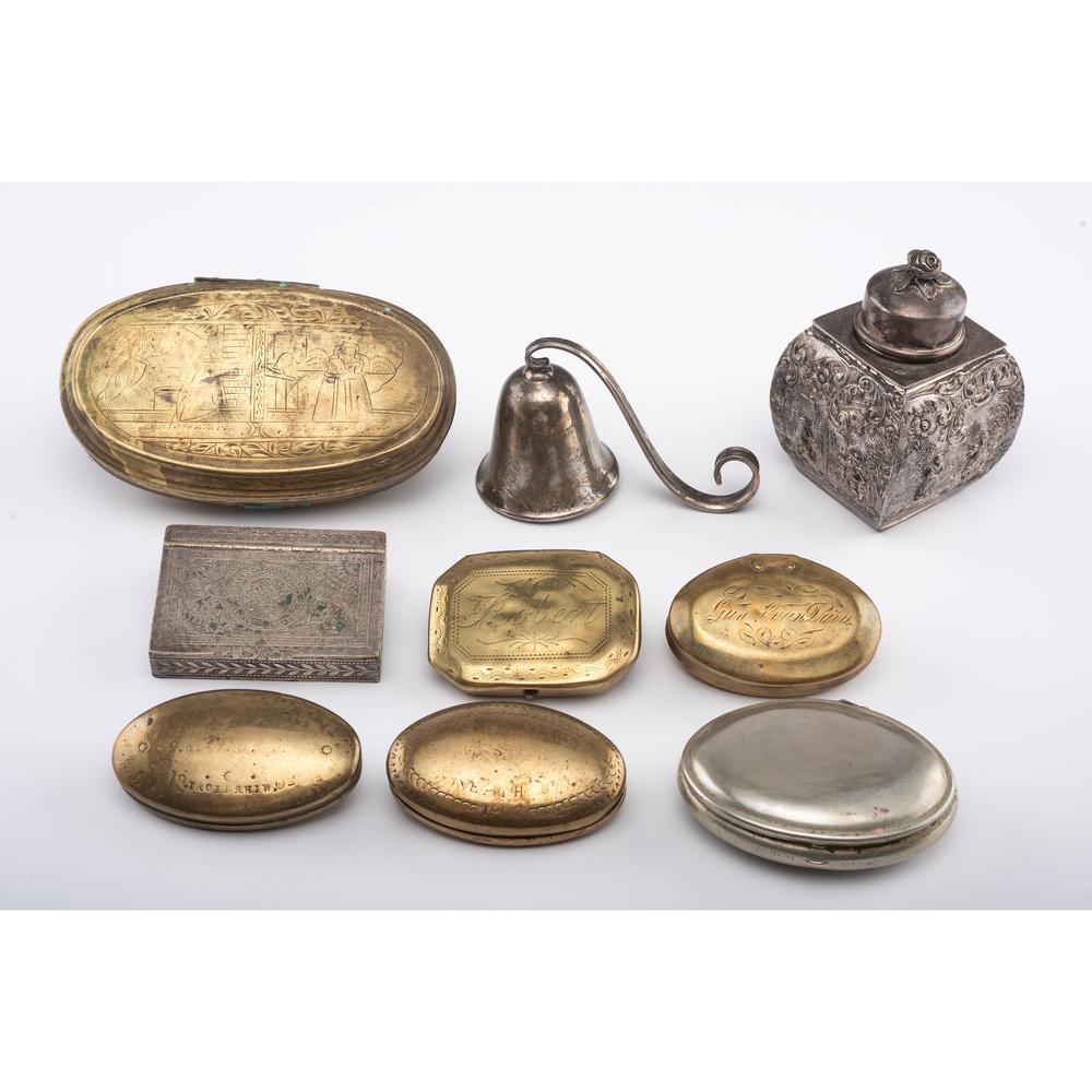 Nine Brass and Silverplated Snuff and Pill Boxes: Nine Brass and Silverplated Snuff and Pill Boxes Largest length 5.25 inches.