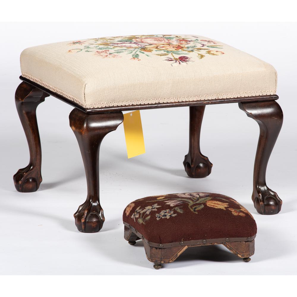 Two English Needlepoint Footstools: Two English Needlepoint Footstools 19th Century including one miniature example. Height of larger 16 x width 22 x depth 23 inches. Height of smaller 5 1/4 x width 11 1/2 x 11 1/2 inches.