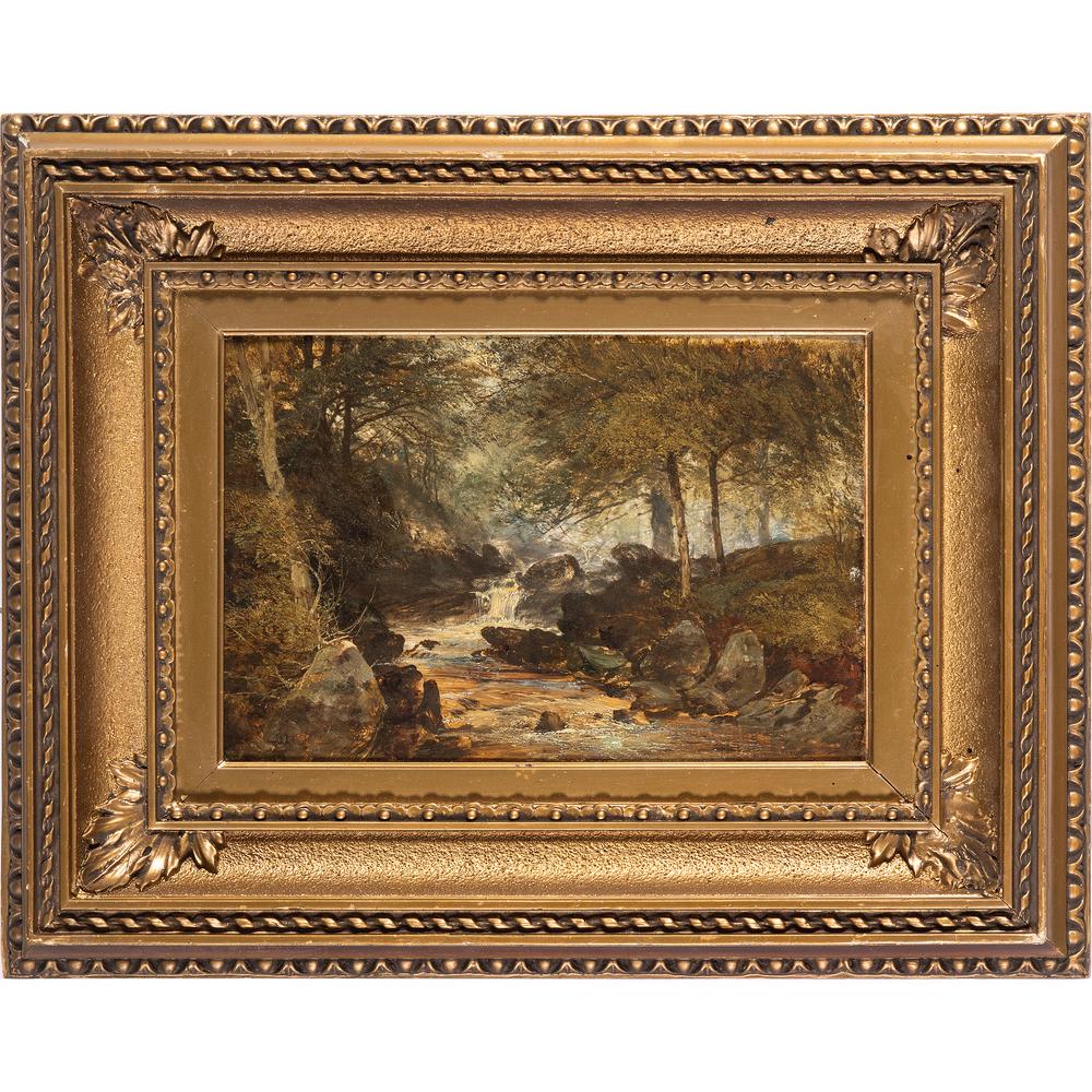 British School, Wooded Landscape: British School, Wooded Landscape 1884 oil on wood panel initialed J. A. and dated lower right 9 3/4 x 14 3/4 inches (sight).