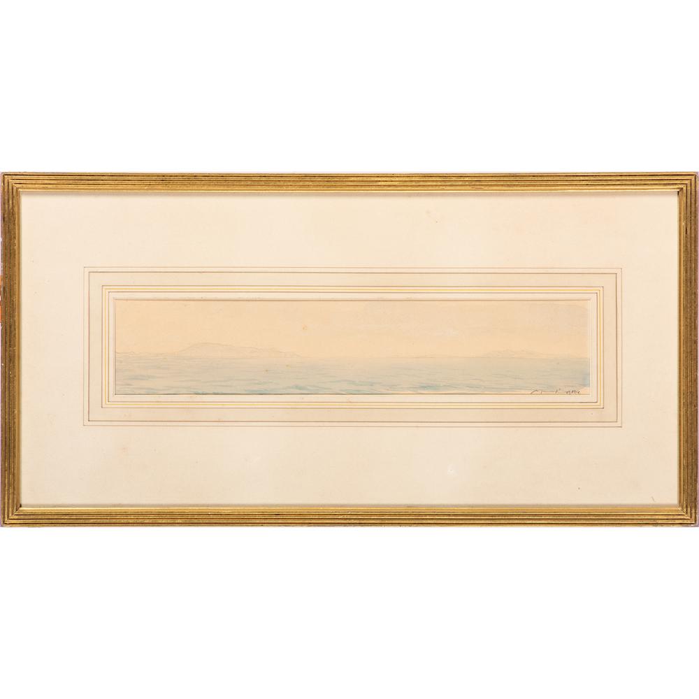 Muirhead Bone (Scottish, 1876-1953): Muirhead Bone (Scottish, 1876-1953) Seascape 20th century watercolor on paper signed in pencil lower right 2 5/8 x 13 3/8 inches (sight).