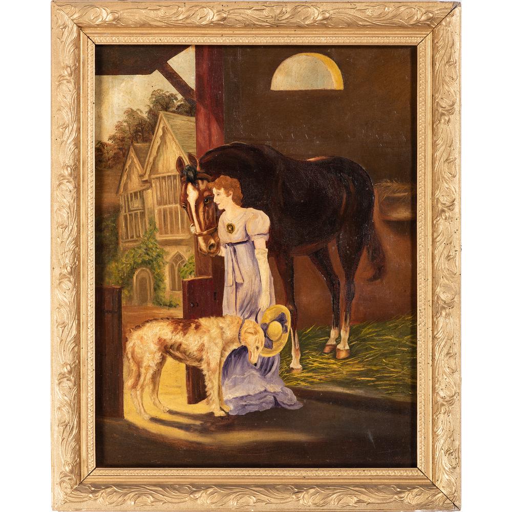 A. A. Webster (British, 19th-20th Century): A. A. Webster (British, 19th-20th Century) Stable Scene with Horse, Woman and Hound 1908 oil on canvas signed A. A. Webster and dated on verso 24 3/4 x 18 3/4 inches (sight).