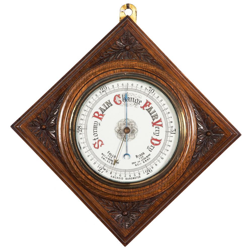 A Victorian Wooden Mounted Barometer: A Victorian Wooden Mounted Barometer 19th Century Length 10 1/4 x width 10 x depth 3 inches.