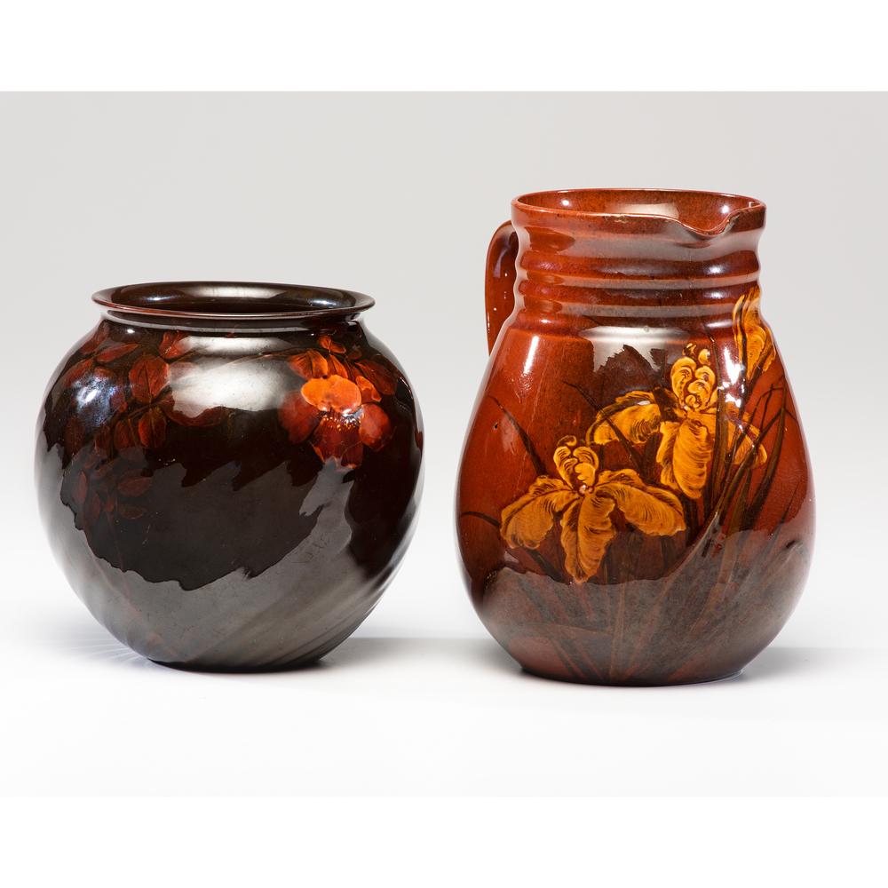 Rookwood Pottery Vase and Pitcher: Rookwood Pottery Vase and Pitcher American (Cincinnati), 19th Century vase decorated by Olga Geneva Reed, shape number 612 D, dated 1892; pitcher decorated by Matthew Daly, shape number 54 D, dated 18