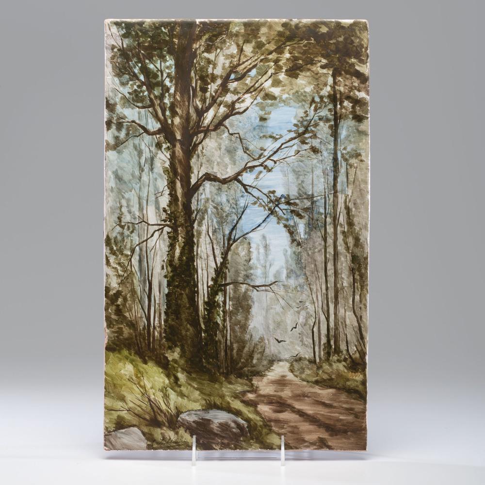 A Loebnitz Earthenware Landscape Plaque, Signed: A Loebnitz Earthenware Landscape Plaque, Signed French, Late 19th Century earthenware plaque with painted landscape to front, signed lower right and with impressed marks to back including J. Loebnitz.