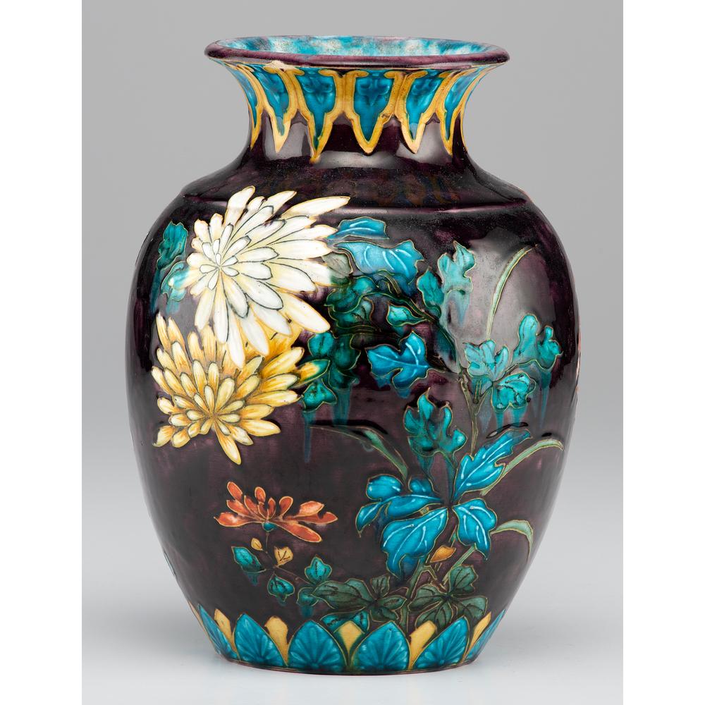 A Théodore Deck Art Pottery Vase: A Théodore Deck Art Pottery Vase French, 19th Century bearing an impressed H. Deck on underside. Height 10 1/2 x diameter 8 inches.