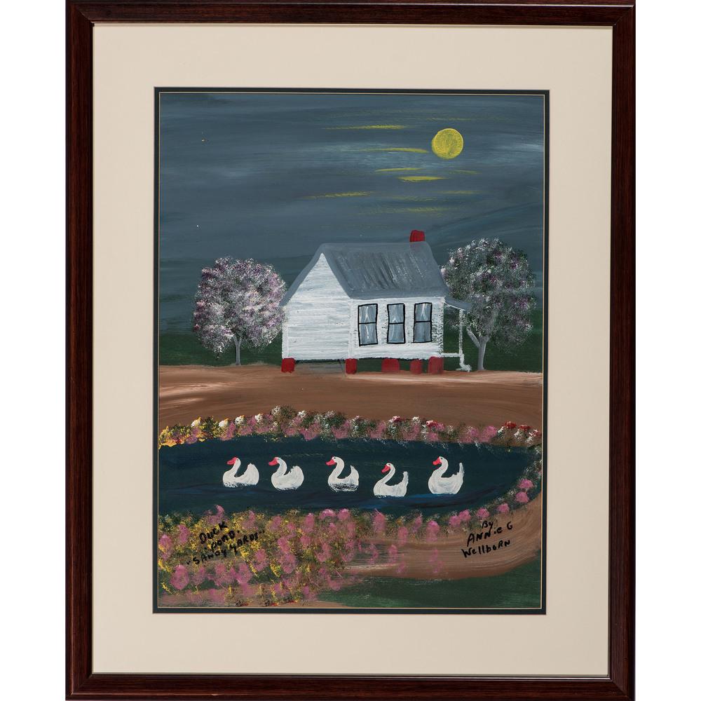 Annie G. Wellborn (American, 1927-2010): Annie G. Wellborn (American, 1927-2010) Lot of two framed pieces, signed and titled by the artist: Duck Pond "Shandy Yards" mixed media on paper 24 x 17 3/4 inches (sight). Wash Shed mixed m