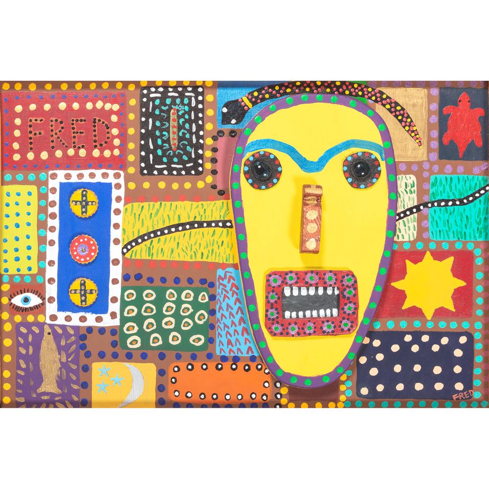 Folk Art by Billy Fred Hellams (American, b. 1955) and: Folk Art by Billy Fred Hellams (American, b. 1955) and Majorie Jordan-Sauer, Attr. (American, 1934-2015) Lot of two framed pieces: Miss Universe mixed media on board signed l.l. 13 x 19.25 inches (sig