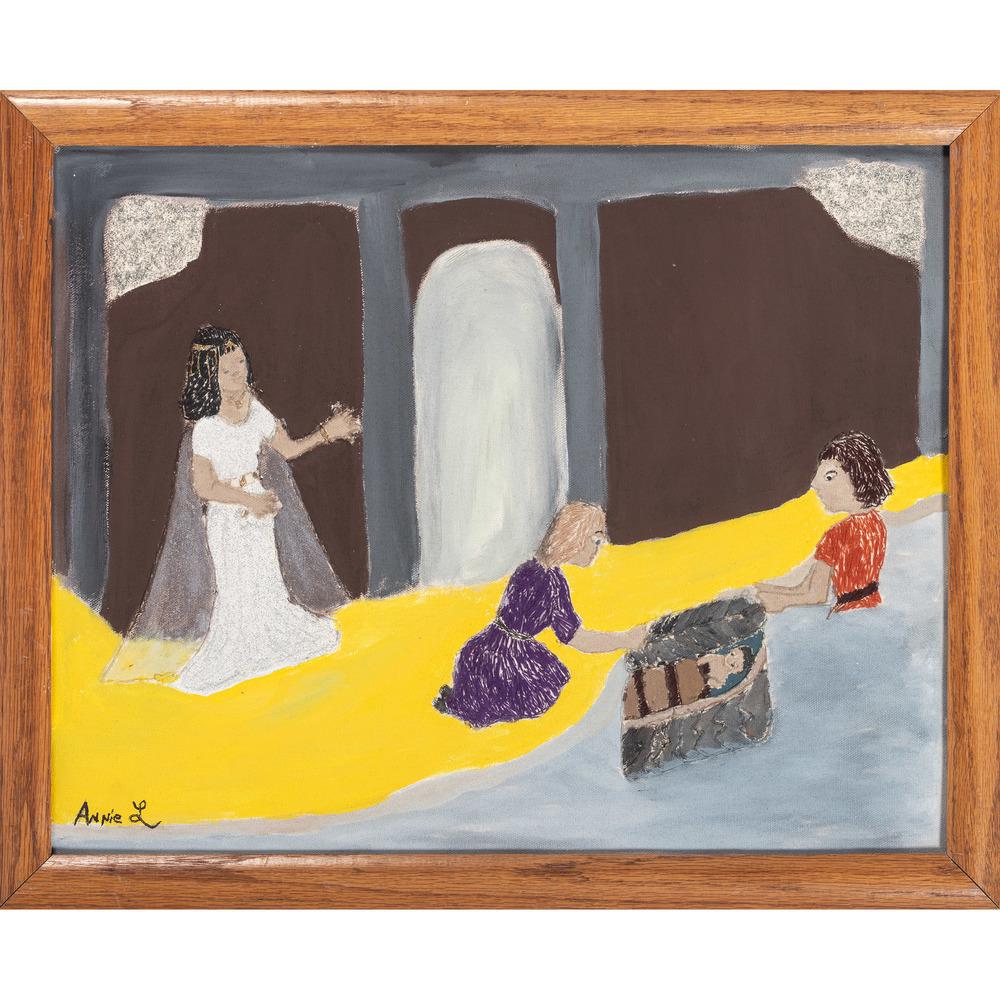 Religious Folk Art by Annie Lucas, Roger Rice and: Religious Folk Art by Annie Lucas, Roger Rice and Myrtice West Lot of four 20th century folk art pieces, including: Moses in the Bulrushes signed by Annie Lucas l.l. mixed media on canvas 15 1/2 x 