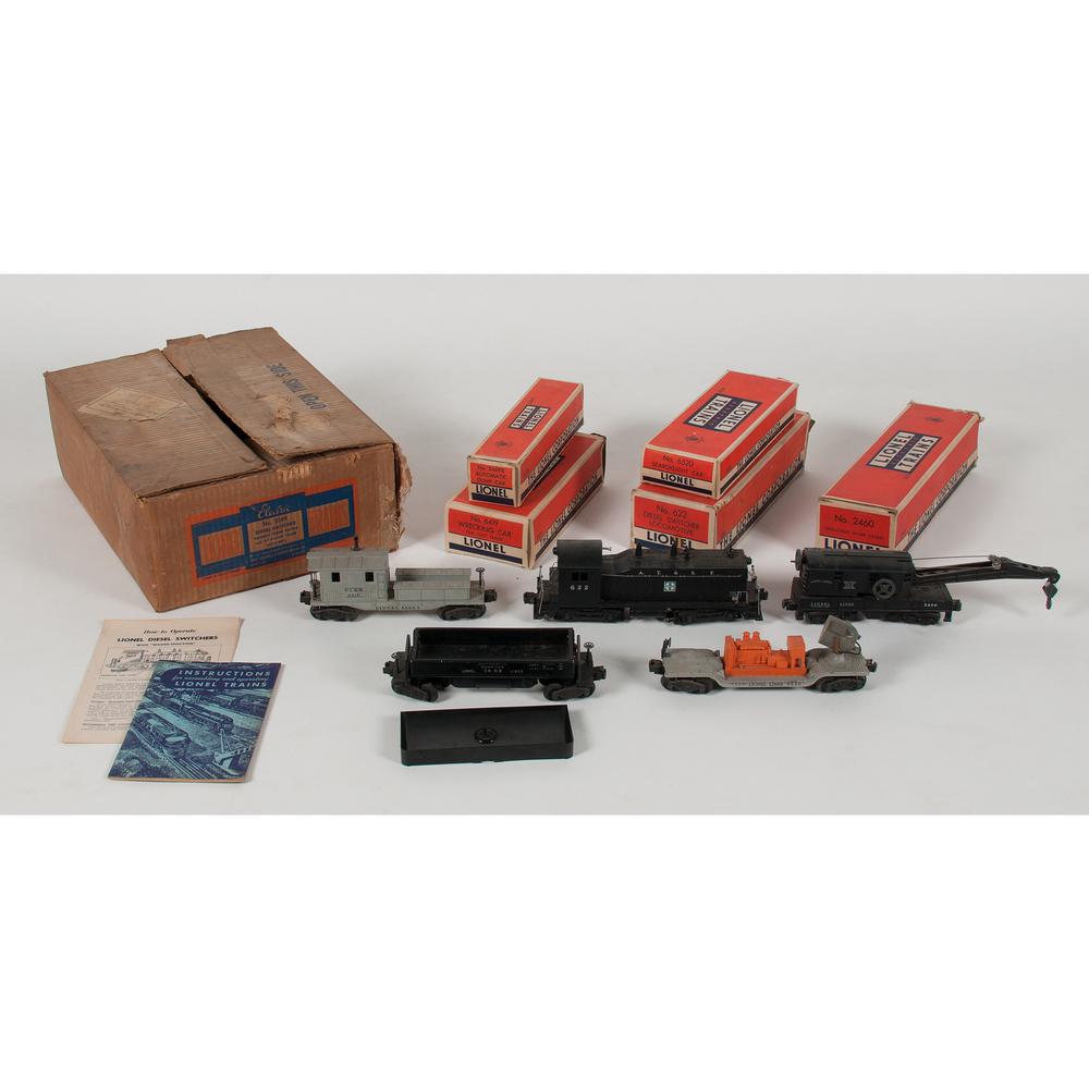 Lionel Post-War Outfit 2149 with Boxes: Lionel Post-War Outfit 2149 with Boxes American, Circa 1949 a No. 2149 diesel switcher freight train out fit for "O" gauge track with bell in original boxes. Outfit includes 622 diesel switcher locomo