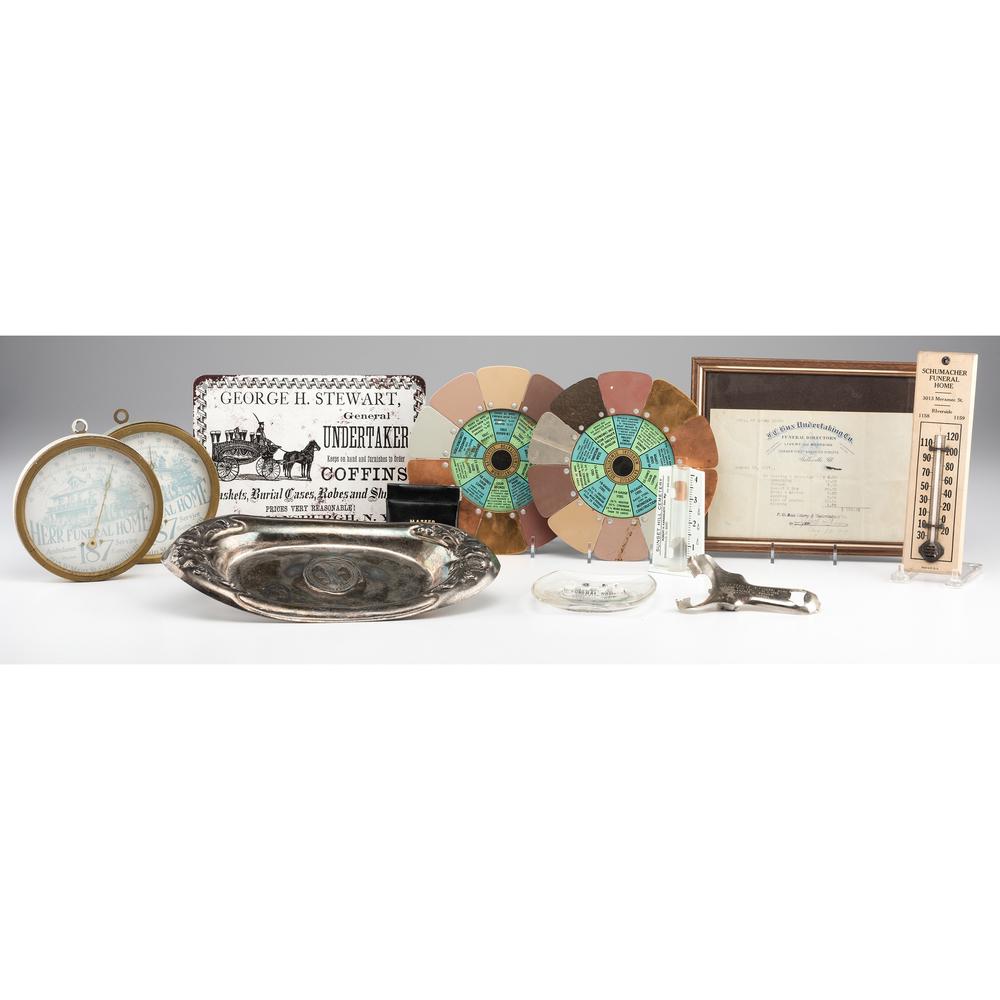 A Group of Funeral Home Advertising Items: A Group of Funeral Home Advertising Items 19th/20th Century twelve items total, including thermometers, a bottle opener, a silverplated tray and an ashtray. Length of largest 13 1/2 inches.